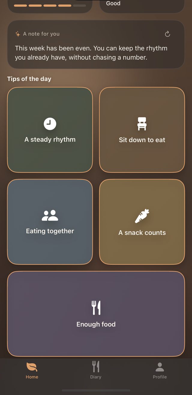Tips of the day: A steady rhythm, Sit down to eat, Eating together, A snack counts, Enough food