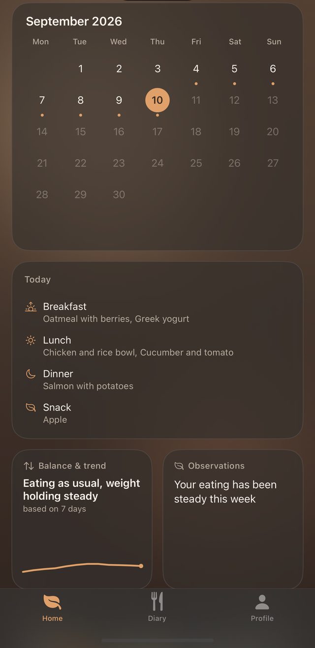 Calendar for September 2026 with marked days, and Today: Breakfast — oatmeal with berries, Greek yogurt; Lunch — chicken and rice bowl; Dinner — salmon with potatoes; Snack — apple. No calories shown